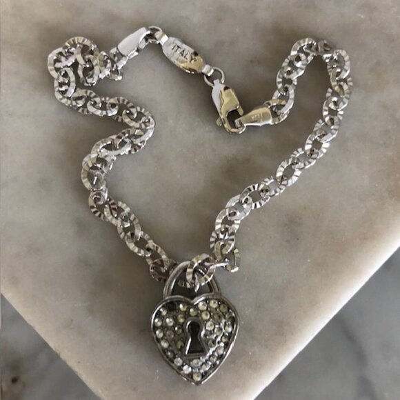 PGDA 925 2/25 14K Italian Bracelet with Heart Keyhole Rhinestone Charm S… - Picture 1 of 17